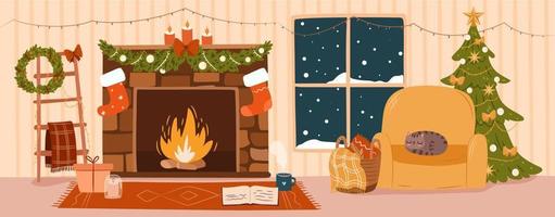 knus Kerstmis avond spandoek. versierd feestelijk huis interieur. vlak vector illustratie