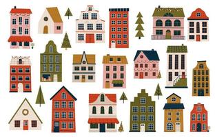 vrolijk Kerstmis en gelukkig nieuw jaar reeks van divers klein huizen. modern hand- trek illustraties. kleurrijk hedendaags kunst vector