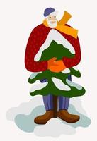 ouderen Mens Holding Kerstmis boom. vector illustratie. gelukkig nieuw jaar.