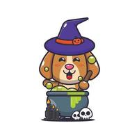 schattig heks hond maken toverdrank in halloween dag. schattig halloween tekenfilm illustratie. vector