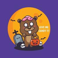 schattig zombie bever willen snoep. schattig halloween tekenfilm illustratie. vector