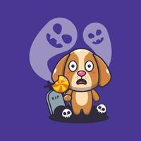 schattig hond bang door geest in halloween dag. schattig halloween tekenfilm illustratie. vector