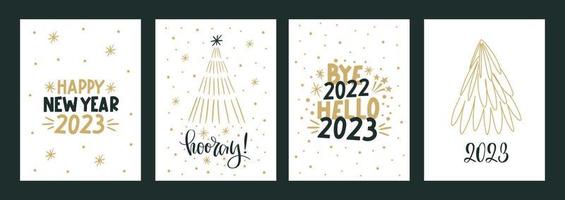 vrolijk Kerstmis en gelukkig nieuw jaar reeks van groet kaarten, posters met divers bomen sneeuwvlokken. Kerstmis ontwerp met belettering, boom, kristal, sneeuwvlokken in modern kunst stijl.hand getrokken modieus vector