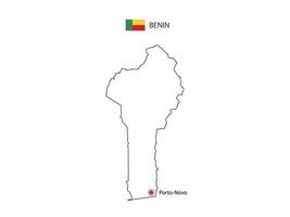 hand- trek dun zwart lijn vector van Benin kaart met hoofdstad stad porto novo Aan wit achtergrond.