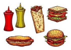 snel voedsel hamburger en belegd broodje schetsen reeks vector