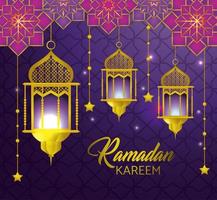 ramadan wenskaart met lampen en hangende sterren vector