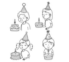 kleur hand- tekening reeks van weinig jongen blazen uit verjaardag kaarsen. vector