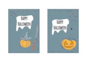 gelukkig halloween reeks poster sjabloon een lijn. pompoen in een hoed, een heks bezem en een spin web. voorraad vector illustratie.