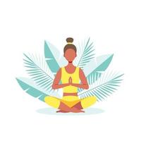 de meisje Aan de achtergrond van palm bladeren doet yoga, mediteert. gezond levensstijl concept.vector voorraad illustratie. vector