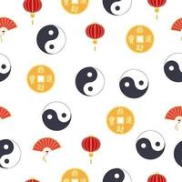 Chinese naadloos patroon met feng shui Chinese munt met gat, Yin Yang, fan, papier lantaarn vector