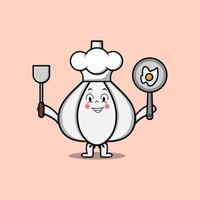 schattig tekenfilm knoflook chef Holding pan en spatel vector