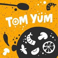 Tom jammie hand- getrokken vector banier sjabloon. pittig Thais soep illustratie met gestileerde belettering. bord met champignons en zeevruchten Aan geel achtergrond. restaurant menu, poster ontwerp