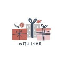 met liefde. Kerstmis kaart. hand- getrokken illustratie in tekenfilm stijl met geschenken. schattig concept voor Kerstmis. illustratie voor de ontwerp ansichtkaart, textiel, kleding, decor vector