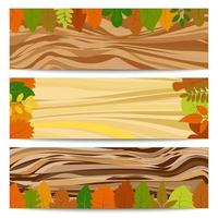 herfst spandoeken. drie herfst banners met geel bladeren Aan een houten tafel. vector illustratie.