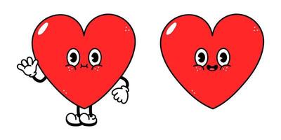 leuk grappig hart zwaaiend handkarakter. vector hand getekend traditionele cartoon vintage, retro, kawaii karakter illustratie pictogram. geïsoleerd op een witte achtergrond. hart karakter concept