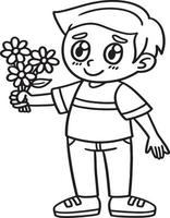 jongen Holding bloemen geïsoleerd kleur bladzijde vector