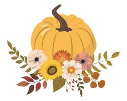 tekenfilm herfst bloemen pompoenen met bloemen en Woud bladeren clip art. geïsoleerd Aan wit achtergrond. seizoensgebonden oogst ontwerp voor groet of poster. vector