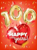 hoog kwaliteit vector beeld van gouden ballon honderd en folie rood hart Aan de rood achtergrond