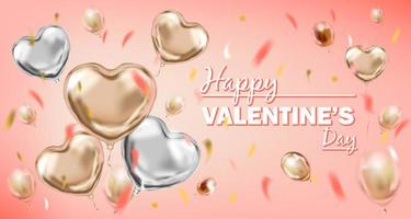 roze en zilver folie hart vorm ballonnen en gelukkig valentijnsdag dag belettering vector