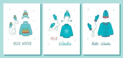 reeks van sjabloon winter groet kaart en uitnodiging. Hallo winter. vector hand- getrokken illustratie van gebreid kleren- trui, hoed en wanten.