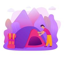 wandelen en buitenshuis recreatie.camping reizen.mannen op reis . Woud avontuur berg bekijk.toeristisch tent.plat illustratie lijn kunst. vector