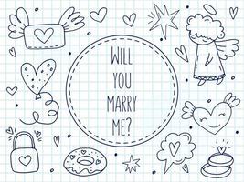 groot reeks van schattig hand getekend tekening elementen over liefde. bericht stickers voor apps. pictogrammen voor valentijnsdag dag, romantisch evenementen en bruiloft. een geruit notebook. vector