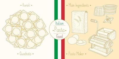 Italiaans voedsel pasta met vulling ravioli quadrato vector