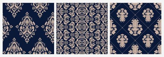 set van kleurrijke damast Victoriaanse naadloze bloemmotief. verzameling van luxe retro ornament platte vectorillustratie. gekleurd vintage koninklijk barok abstract textuurbehang op blauwe achtergrond vector