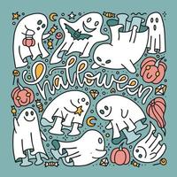 hand- getrokken geest doole schetsen met geest tekens en schoonschrift belettering tekst. fantomen verzameling pictogrammen voor halloween spandoeken, kaarten, affiches. kinderachtig eng spook. vector lineair illustraties