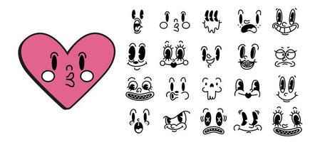 retro Jaren 30 tekenfilm en comics tekens gezichten set. hart sticker met gezicht. vector