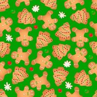 naadloos patroon met gember koekjes Aan een groen achtergrond. peperkoek Mens, Kerstmis boom, sneeuwvlok vector