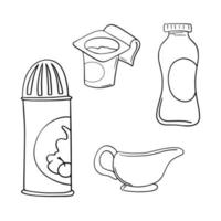 monochroom icoon set, zuivel producten, geslagen room verpakking, yoghurt, cartoon-stijl vector illustratie Aan een wit achtergrond