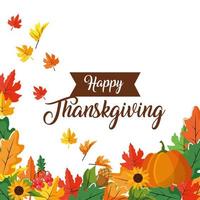 happy thanksgiving bladeren en pompoen wenskaart vector