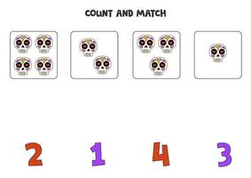 tellen spel voor kinderen. tellen allemaal Mexicaans schedels en bij elkaar passen met nummers. werkblad voor kinderen. vector