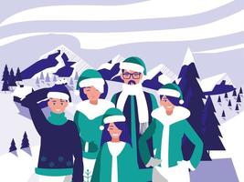 groep familie met kerstkleren in winterlandschap vector