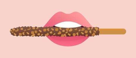 chocola gedoopt pepero stok in roze lippen vector illustratie