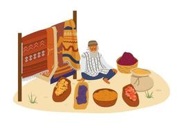 ouderen gebaard Arabisch verkoper van tapijten, kruiden, droog fruit en noten zittend Aan zand. midden- oostelijk karakter. vlak vector illustratie.