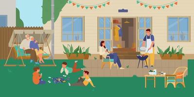 familie hebben rooster partij in de achtertuin. kinderen spelen bord spel, ouders Koken, grootouders resting in tuin schommel. patio achtergrond. vlak vector illustratie.