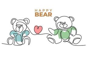 een doorlopend single lijn van twee teddy bears in liefde vector