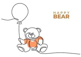 een doorlopend single lijn van gelukkig teddy beer houden ballon vector
