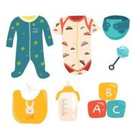 pasgeboren hand- getrokken elementen reeks met baby kleding speelgoed en voorwerpen voor zorg geïsoleerd vector illustratie