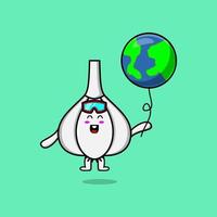 schattig tekenfilm knoflook drijvend met wereld ballon vector