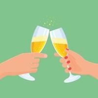 handen Holding bril met Champagne. Kerstmis vieren concept. feestelijk vector illustratie.