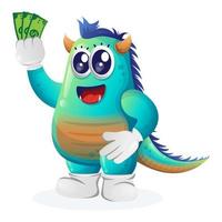 schattig blauw monster Holding geld vector