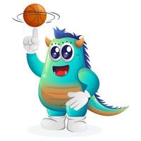schattig blauw monster spelen basketbal, vrije stijl met bal vector