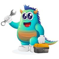 schattig blauw monster Holding moersleutel en tolgelden doos vector