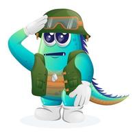 schattig blauw monster soldaat in groen uniform vector