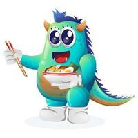 schattig blauw monster eten ramen vector