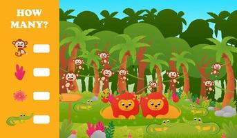 afdrukbare leerzaam werkblad voor kinderen met hoe veel puzzel, tropisch oerwoud dieren dieren in het wild met schattig aap vector