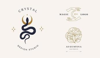 een set logo's in een lineaire stijl. magische slang met maan, ster, handen en halve manen. mystieke symbolen in een trendy minimalistische stijl. vector